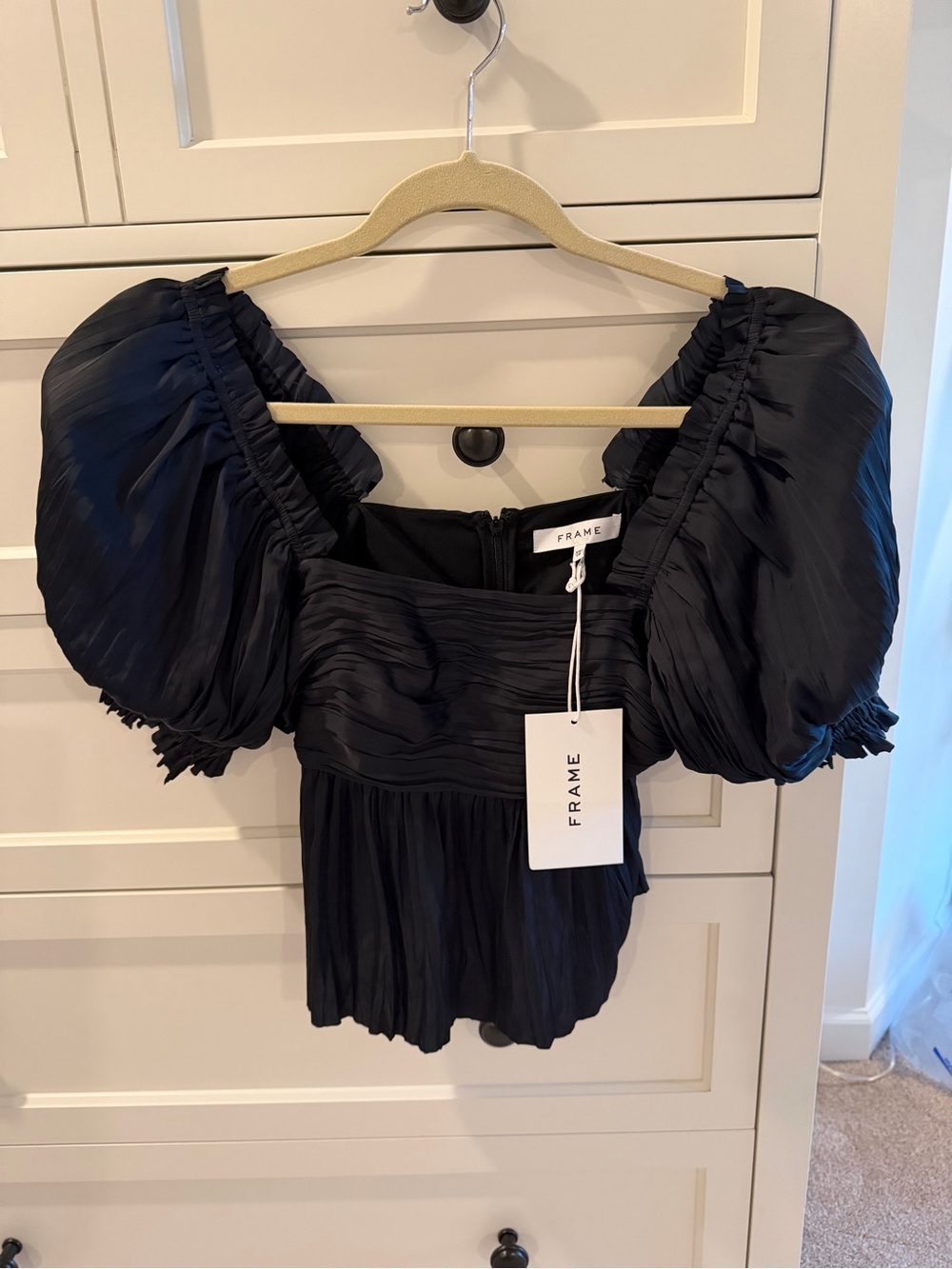 Frame Denim Black Pleated Puff-Sleeve Square Neck Top - New with Tags